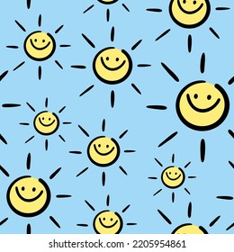 Seamless pattern with doodle sun on the blue sky background. Vector illustration of summer life.