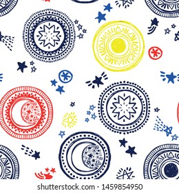 Seamless pattern with doodle sun, stars and moons, back to school style, vector illustration
