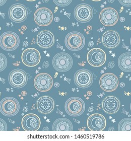 Seamless pattern with doodle sun, stars and moons, pastel palette, boho style vector illustration