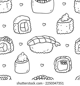 Seamless pattern with doodle sushi and rolls. Asian food vector background in cartoon style for phone case, fashion, wrapping paper and textile
