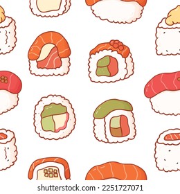 Seamless pattern with doodle sushi and rolls. Colourful print asian food in cartoon style for phone case, backgrounds, fashion, wrapping paper and textile. Vector