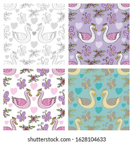 Seamless pattern of doodle swan princess and butterfly