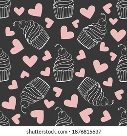 Seamless pattern with doodle sweets, desserts, ice cream, muffin, hearts on trendy grey background. Vector for cards, banners, wrapping paper, posters, scrapbooking, pillow, cups and fabric design. 