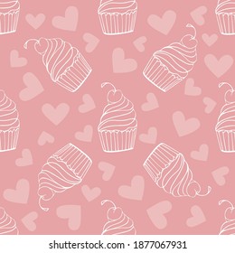 Seamless pattern with doodle sweets, desserts, ice cream, muffin on pink background. Vector for cards, banners, wrapping paper, posters, scrapbooking, pillow, cups and fabric design. 