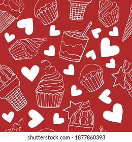 Seamless pattern with doodle sweets, desserts, ice cream, muffin on red background. Vector for cards, banners, wrapping paper, posters, scrapbooking, pillow, cups and fabric design. 