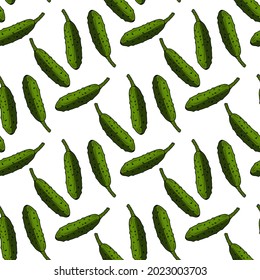 Seamless pattern with doodle tasty cucumbers on white background. Vector image.