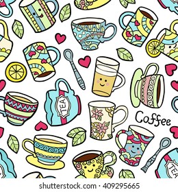Seamless pattern with doodle tea accessories on warm dotterd background. Vector illustration.