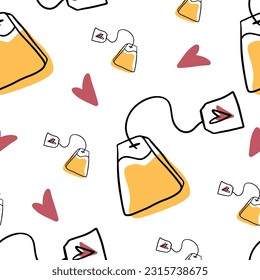 Seamless pattern Doodle tea bag. Tea drinking. Autumn atmosphere. Tea ceremony