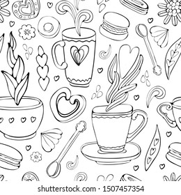 Seamless pattern of Doodle tea and coffee hand drawn in outline. Tea time elements. Cup, mug, spoon, dessert, cookies, souffle, sweets, heart. Vintage style. Lots of symbols, objects and elements.