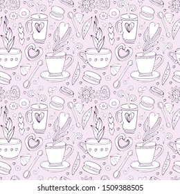 Seamless pattern of Doodle tea and coffee hand drawn in outline. Tea time elements. Cup, mug, spoon, dessert, cookies, souffle, sweets, heart. Vintage style. Lots of symbols, objects and elements.