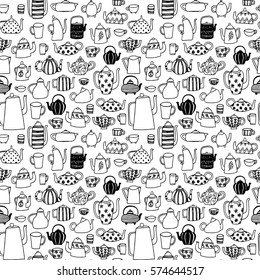 Seamless Pattern With Doodle Tea Kettles.