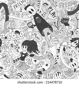 seamless pattern with doodle teenagers
