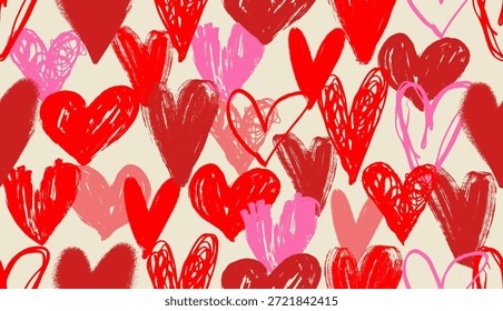 Conjunto de corazón texturizado de doodle de patrón sin costuras con crayón áspero y líneas de boceto. Corazones grunge de Vector para el día de San Valentín, obras de arte románticas, diseño de impresión, fondo, pegatinas, gráficos de amor juguetones.