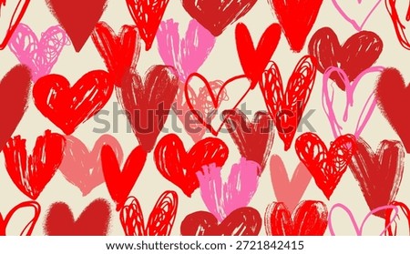 Seamless pattern doodle textured heart set with rough crayon and sketch lines. Vector grunge hearts for Valentine’s Day, romance artwork, print design, background, stickers, playful love graphics.
