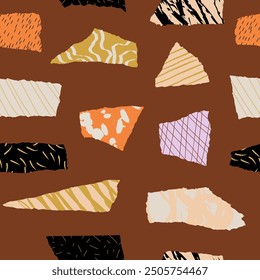 Seamless pattern with doodle textured paper elements. Abstract contemporary collage graphic print witn flat cutout and torned shapes. Vector geometric repeat design. Modern artistic surface