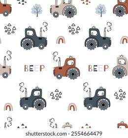 Seamless pattern with doodle transport - tractor for children. Perfect for kids bedding, fabric, wallpaper, wrapping paper, textile, t-shirt print. Vector illustration