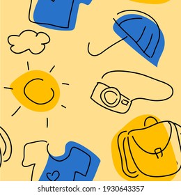 Seamless pattern with doodle travel objects. For web-design, packages, wallpapers, clothes, banners, etc