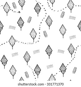 Seamless pattern with doodle trees. Forest with hare tracks and little bunny. 