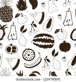 Seamless Pattern with Doodle Tropical Fruits on White Background