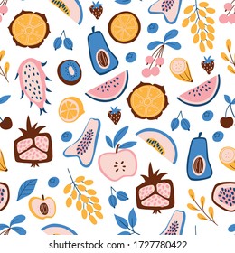 Seamless pattern with doodle tropical fruits on white background. Food vector 
illustration.