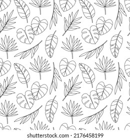 Seamless pattern with doodle tropical leaves, line art