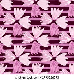 Seamless pattern with doodle tulip silhouettes. Bud elements in light colors on purple and lilac stripped background. Perfect for wallpaper, textile, wrapping paper, fabric print. Vector illustration.