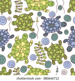 Seamless pattern with doodle turtles