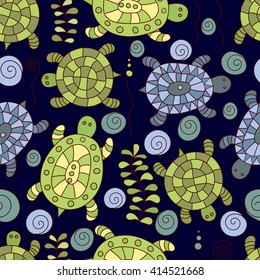 Seamless pattern with doodle turtles