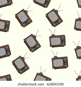 Seamless pattern. Doodle TV on the white background. Doodle line hand drawn sketch illustration. Brown retro TV.