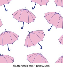 Seamless pattern with doodle umbrellas. For fabric, textile, wallpaper, wrapping paper. Vector Illustration. Hand drawn sketch. Pink elements on white background.