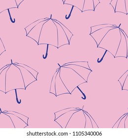 Seamless pattern with doodle umbrellas. For fabric, textile, wallpaper, wrapping paper. Vector Illustration. Hand drawn sketch. Blue line drawing on pink background. 