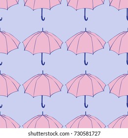 Seamless pattern with doodle umbrellas. For fabric, textile, wallpaper, wrapping paper. Vector Illustration. Hand drawn sketch. Pink elements on blue background. 