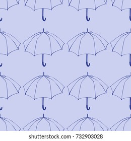 Seamless pattern with doodle umbrellas. For fabric, textile, wallpaper, wrapping paper. Vector Illustration. Hand drawn sketch. Line drawing on blue background. 
