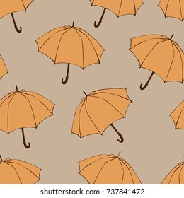 Seamless pattern with doodle umbrellas. For fabric, textile, wallpaper, wrapping paper. Vector Illustration. Autumn hand drawn sketch. Orange elements on beige background.
