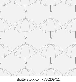 Seamless pattern with doodle umbrellas. For fabric, textile, wallpaper, wrapping paper. Vector Illustration. Hand drawn sketch. Line drawing on light gray background. 