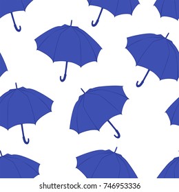 Seamless pattern with doodle umbrellas. For fabric, textile, wallpaper, wrapping paper. Vector Illustration. Hand drawn sketch. Blue elements on white background.