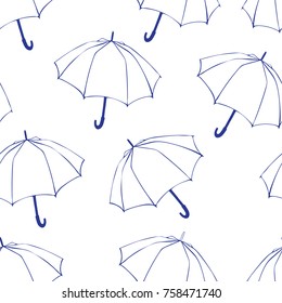 Seamless pattern with doodle umbrellas. For fabric, textile, wallpaper, wrapping paper. Vector Illustration. Hand drawn sketch. Blue line drawing on wite background. 