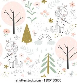 Seamless pattern with doodle unicorns in a magical forest with trees and flowers. Vector illustration for children.