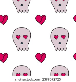 Seamless pattern with doodle valentine sculls and hearts.