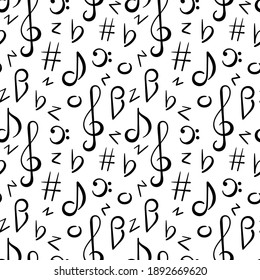 Seamless pattern. Doodle vector background, music concert festival. Hand drawn Musical note, treble clef.