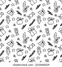 Seamless pattern doodle vector with Christmas trees  branches, gifts and sweets on a white background.Texture for wrapping paper, fabrics, decor.