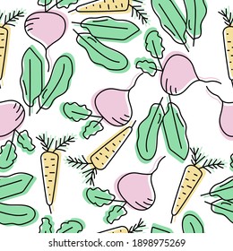 Seamless pattern of doodle vegetables, contour carrots, beets and spinach with gentle fill color on a white background illustration
