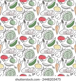 seamless pattern with doodle vegetables and fruits 