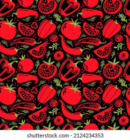 Seamless pattern doodle vegetables on dark background. Red and green pepper, hot chili, tomatoes, jalapeno, paprika, seeds, herbs. Vegetables cut half, piece. Farm products. Hand drawn illustration