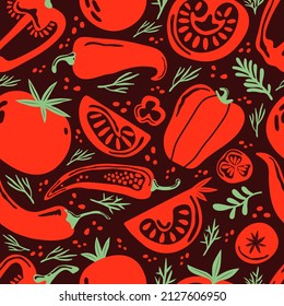 Seamless pattern doodle vegetables on dark background. Red and green pepper, hot chili, tomatoes, jalapeno, paprika, seeds, herbs. Vegetables cut half, piece. Farm products. Hand drawn illustration