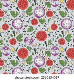 Seamless pattern doodle vegetables on dark background. Red and green pepper, hot chili, tomatoes, jalapeno, paprika, seeds, herbs. Vegetables cut half, piece. Farm products. Hand drawn illustration