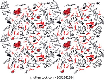 Seamless pattern of doodle violence icons, knives, snakes, crosses, hearts