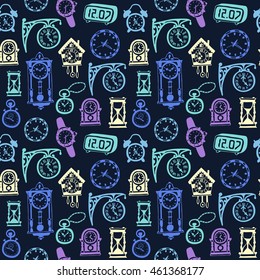 Seamless pattern with doodle watches and clocks. Can be used for textile, website background, 
book cover, packaging.