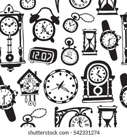 Seamless pattern with doodle watches and clocks. Can be used for textile, website background, book cover, packaging.