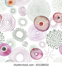 Seamless pattern with doodle and watercolor circles. Abstract watercolor pattern.
